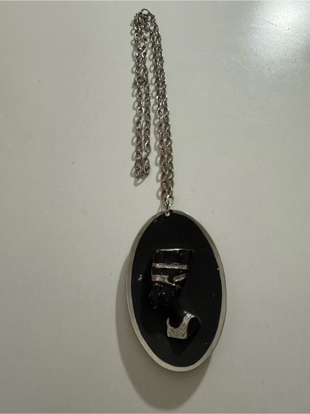 Egyptian Revival Large Nefertiti Pendant Silver Toned Statement Necklace